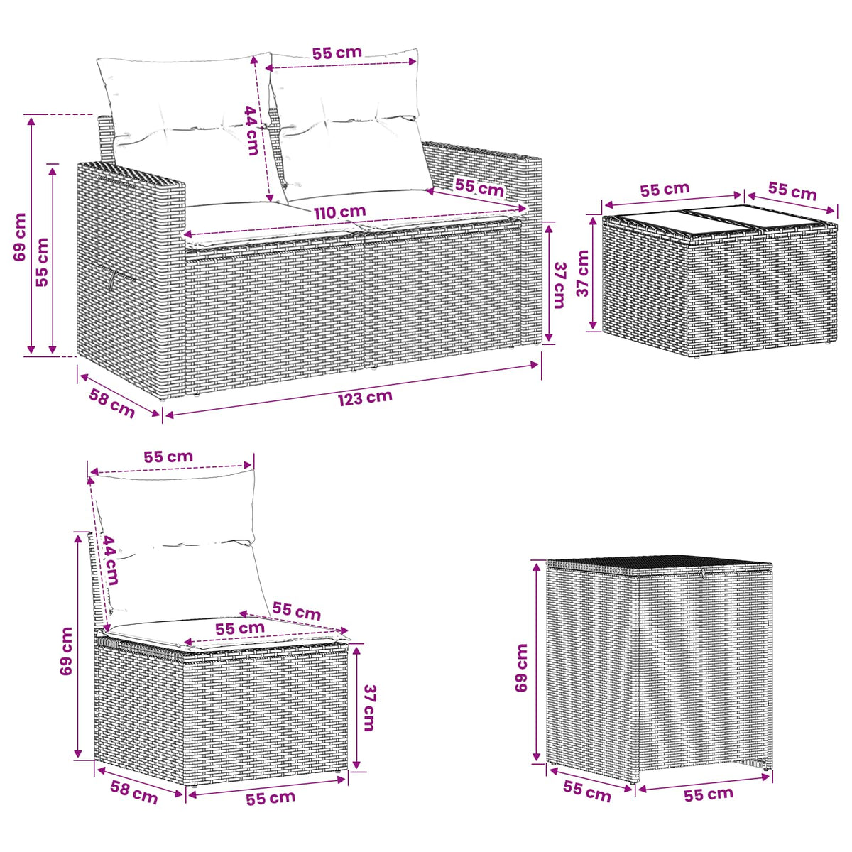 vidaXL Bankstel 6 st Zwart Poly Rattan en Staal