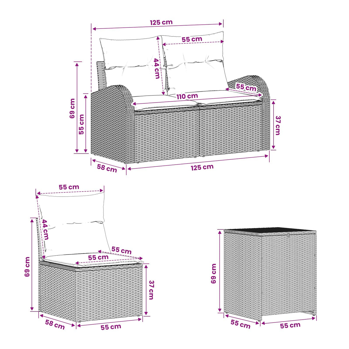 vidaXL Bankstel 5 st Zwart Poly Rattan en Staal