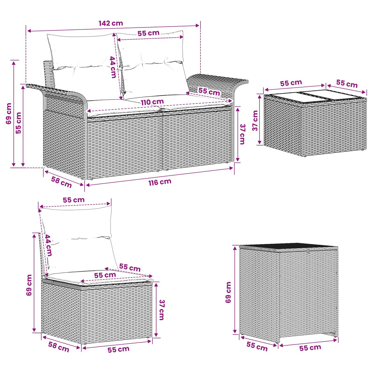 vidaXL Bankstel 8 st Zwart Poly Rattan en Staal