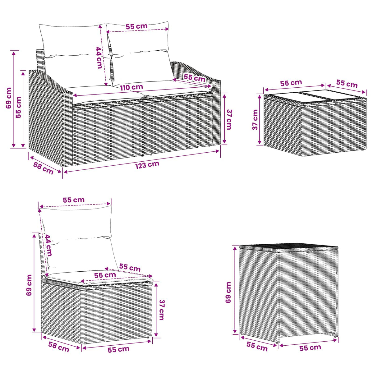 vidaXL Bankstel 8 st Zwart Poly Rattan en Staal
