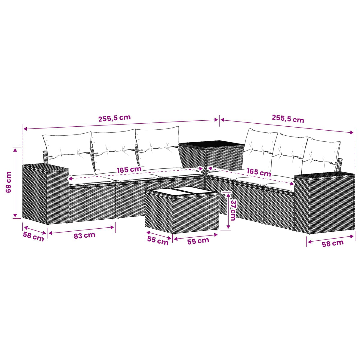 vidaXL Bankstel 8 st Zwart Poly Rattan en Staal