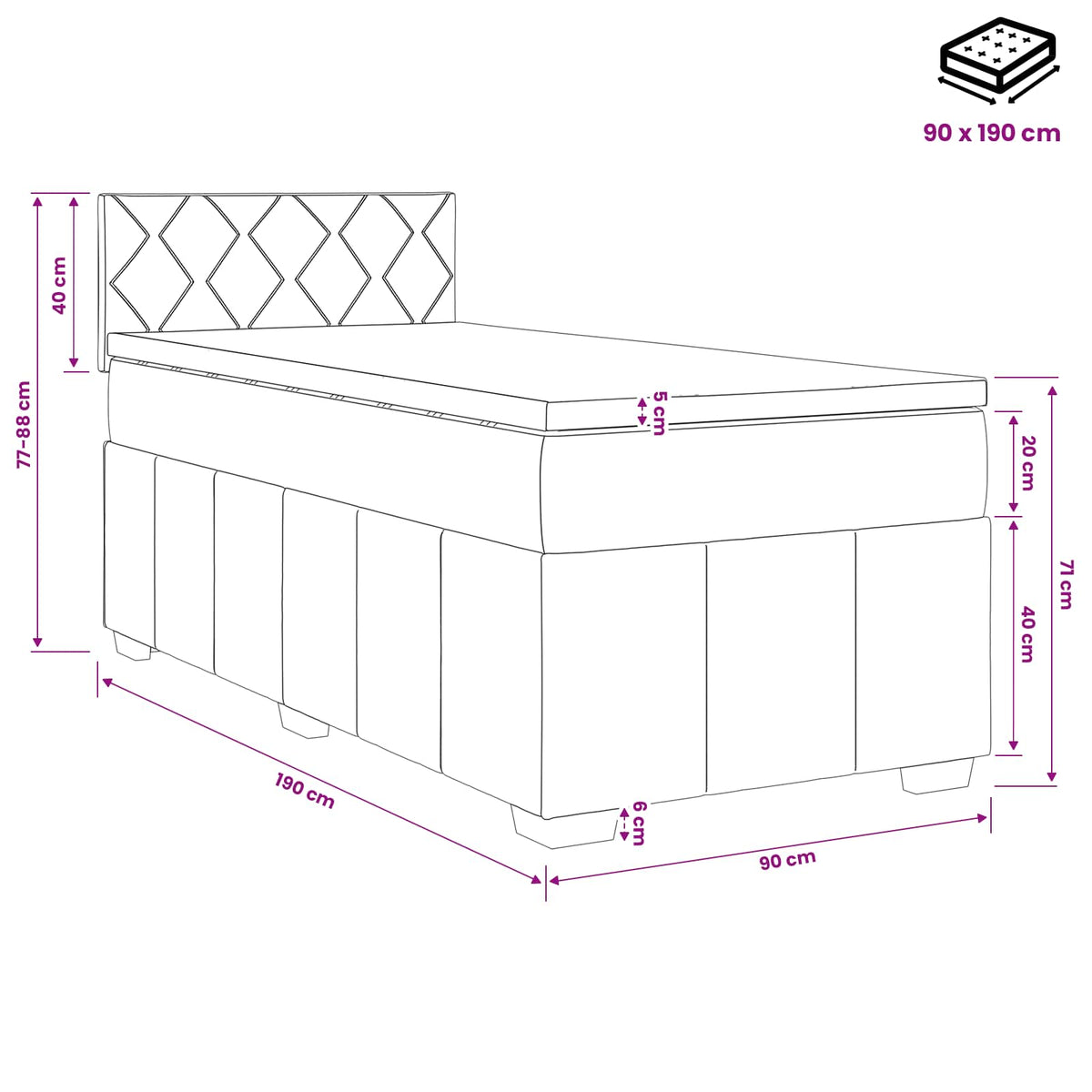 vidaXL Boxspring Bed met Matras en LED Donkergrijs 90 x 190 cm Stof