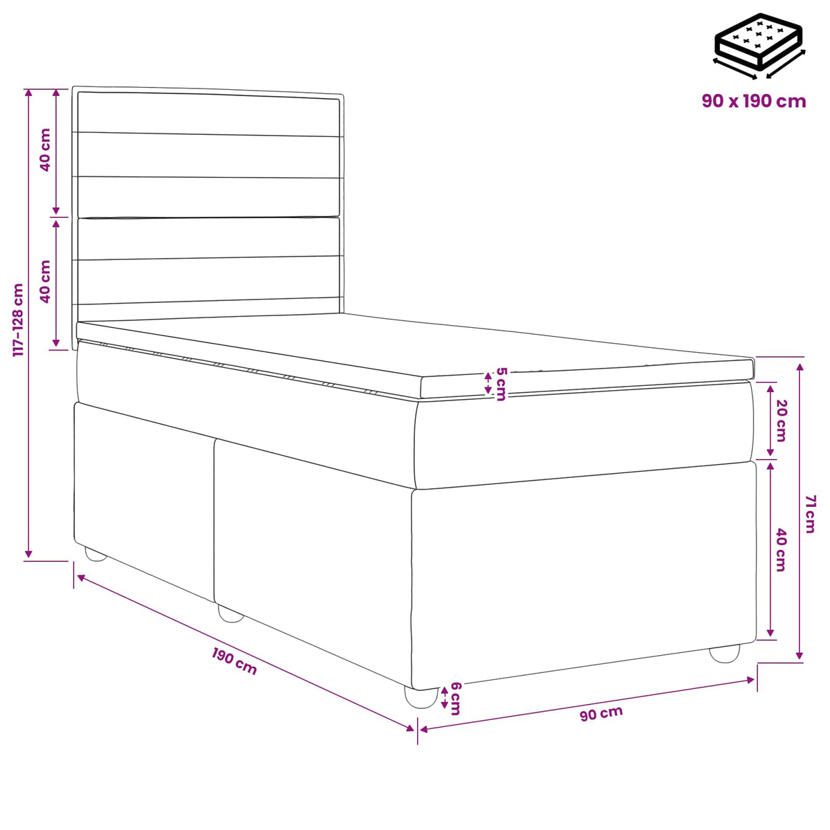 vidaXL LED Boxspring Bed met Matras Lichtgrijs 90 x 190 cm Stof