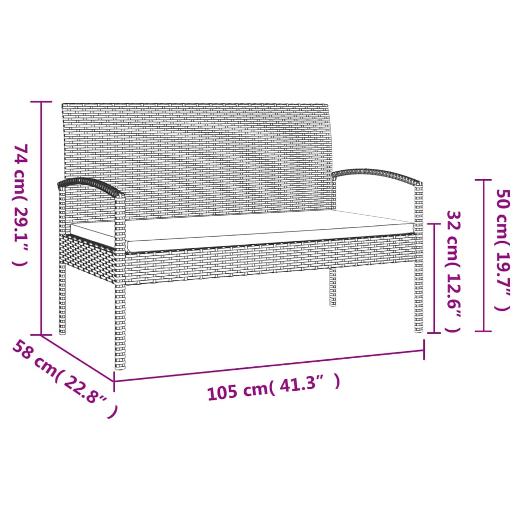 vidaXL Garden bench with cushion 105 cm poly rattan grey