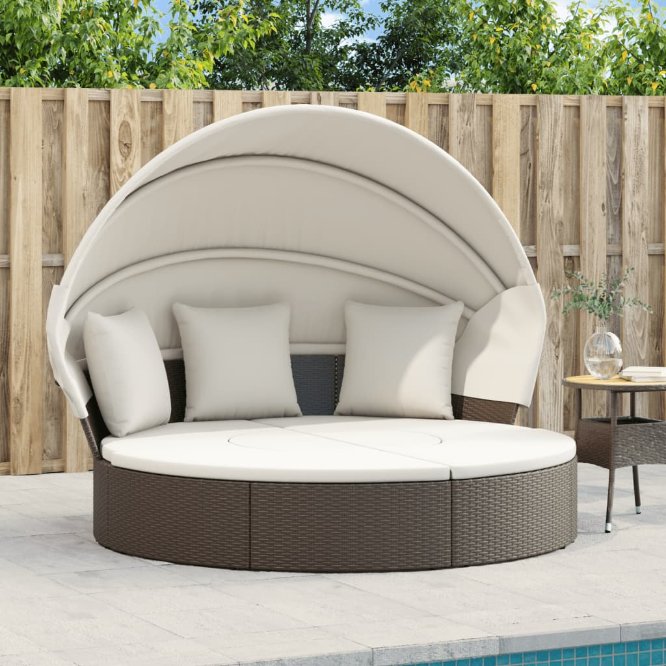 vidaXL Loungebed met luifel en kussens poly rattan grijs - Aashly