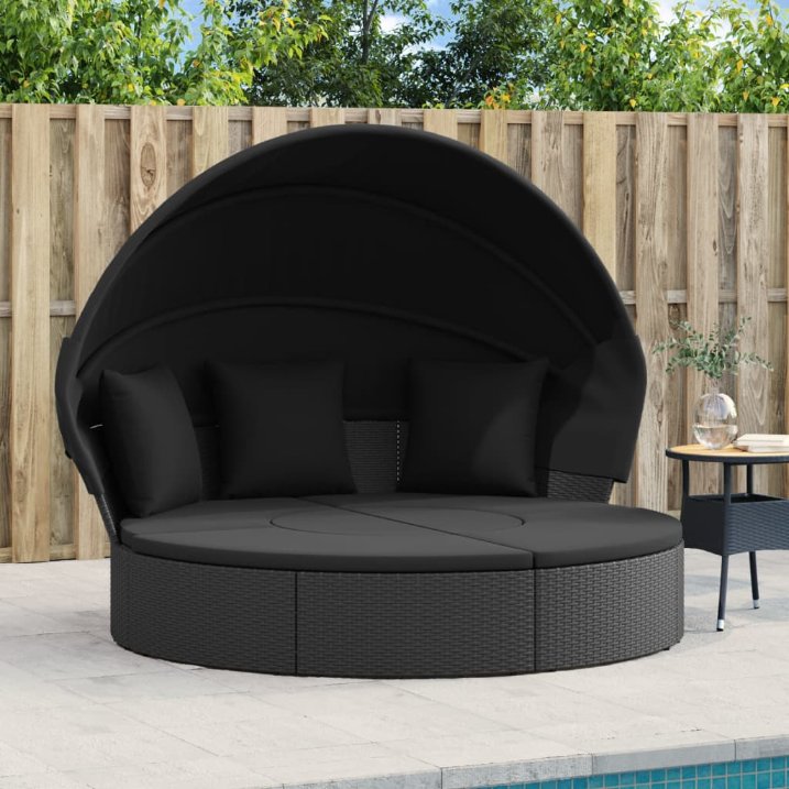vidaXL Loungebed met luifel en kussens poly rattan grijs - Aashly