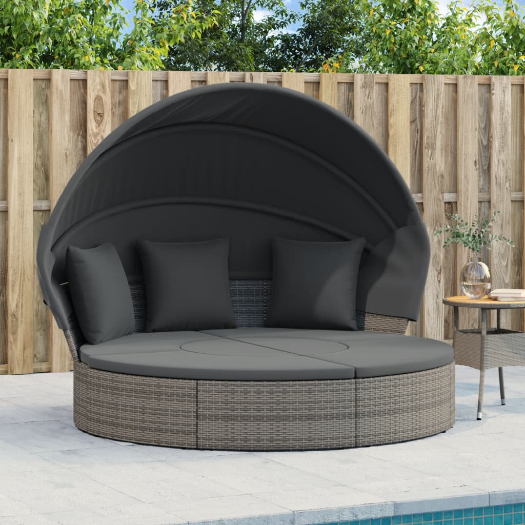 vidaXL Loungebed met luifel en kussens poly rattan grijs - Aashly