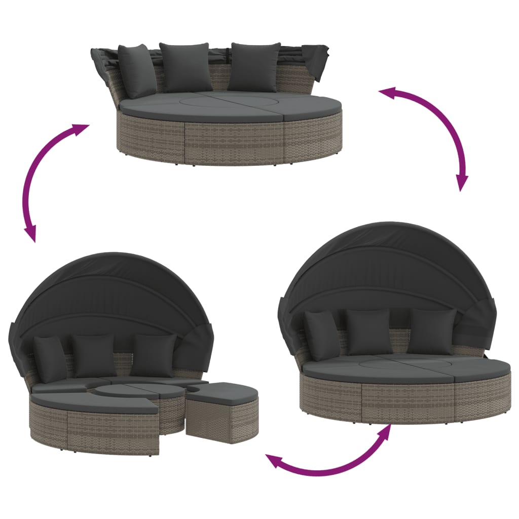 vidaXL Loungebed met luifel en kussens poly rattan grijs - Aashly