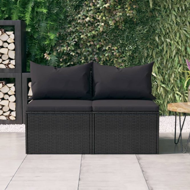 vidaXL Tuinmiddenbanken met kussens 2 st poly rattan zwart - Aashly
