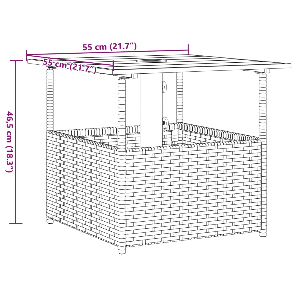 vidaXL Garden Table with Parasol Hole 55x55x46.5 cm Poly Rattan Black