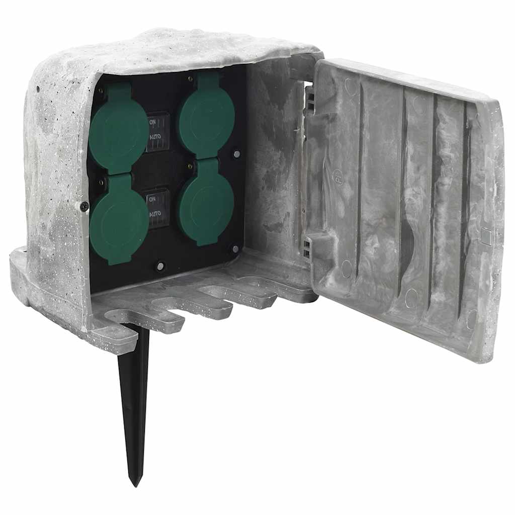 vidaXL Garden socket with ground spike, light sensor, 4-way, stone look, grey