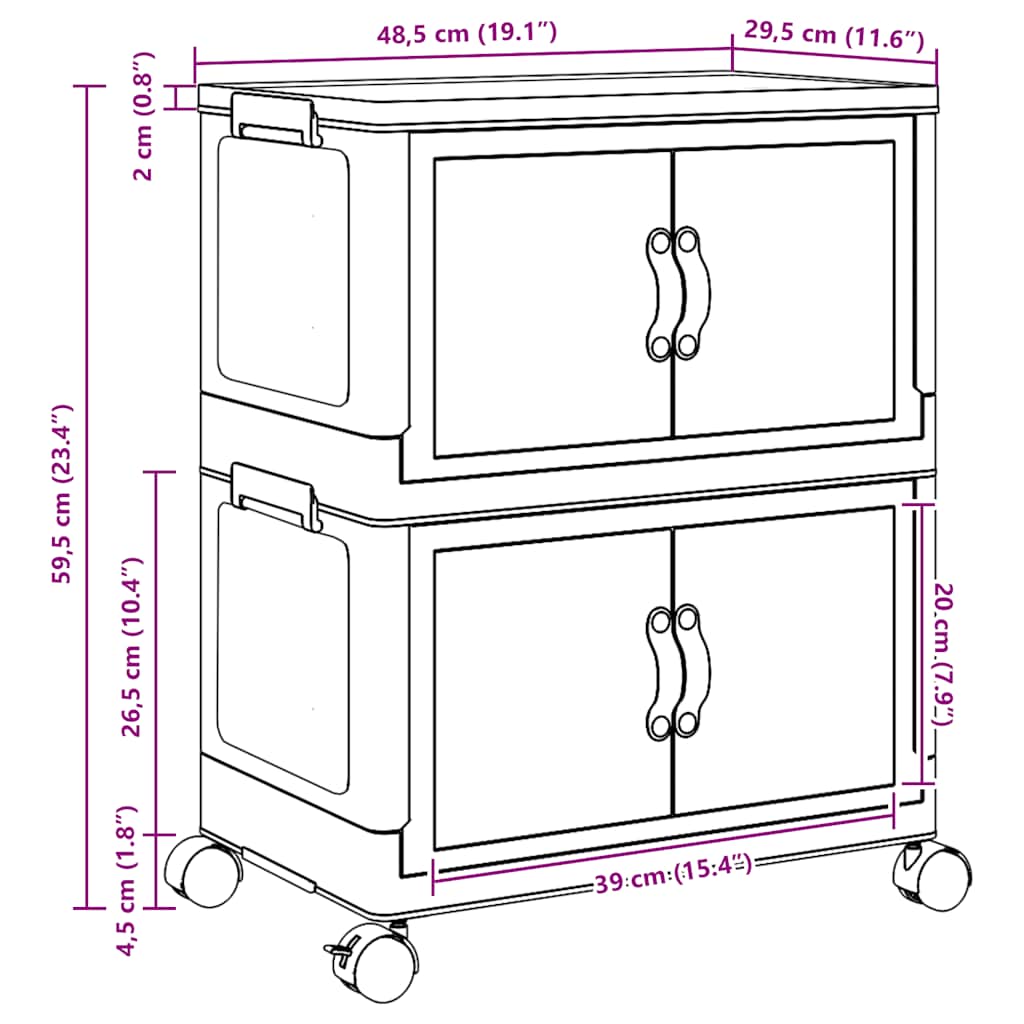 vidaXL Opbergbox stapelbaar met wielen 2-laags 75 L 64x40x76 cm