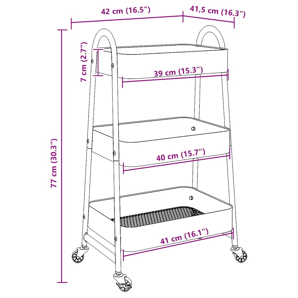 vidaXL Opbergtrolley 3-laags 42x41,5x77 cm staal wit