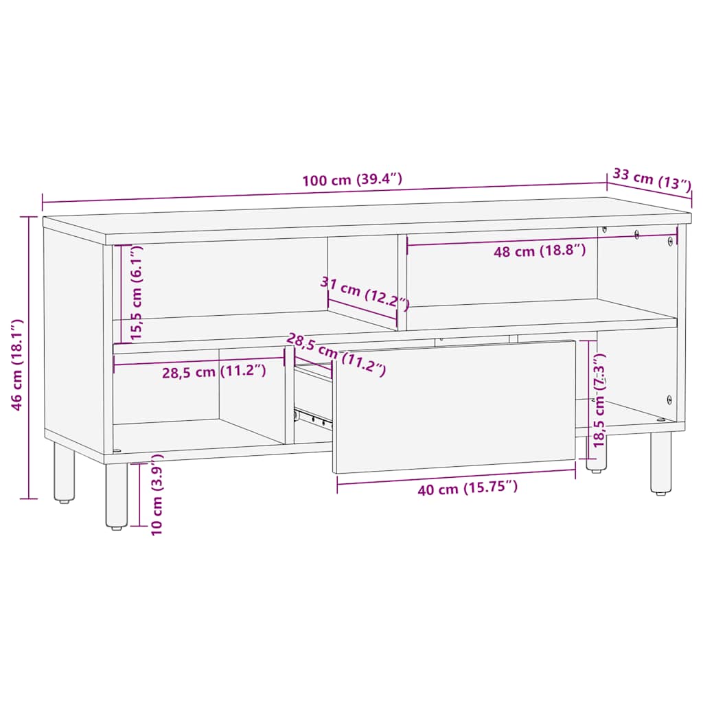 vidaXL Tv-meubel 100x33x46 cm massief mangohout bruin - Aashly