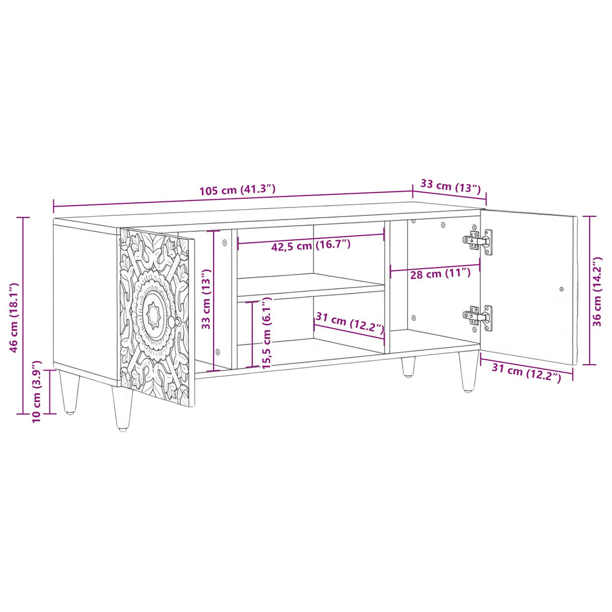 vidaXL TV-kast met opslag Wit 105 x 33,5 x 46 cm Massief Mango Hout