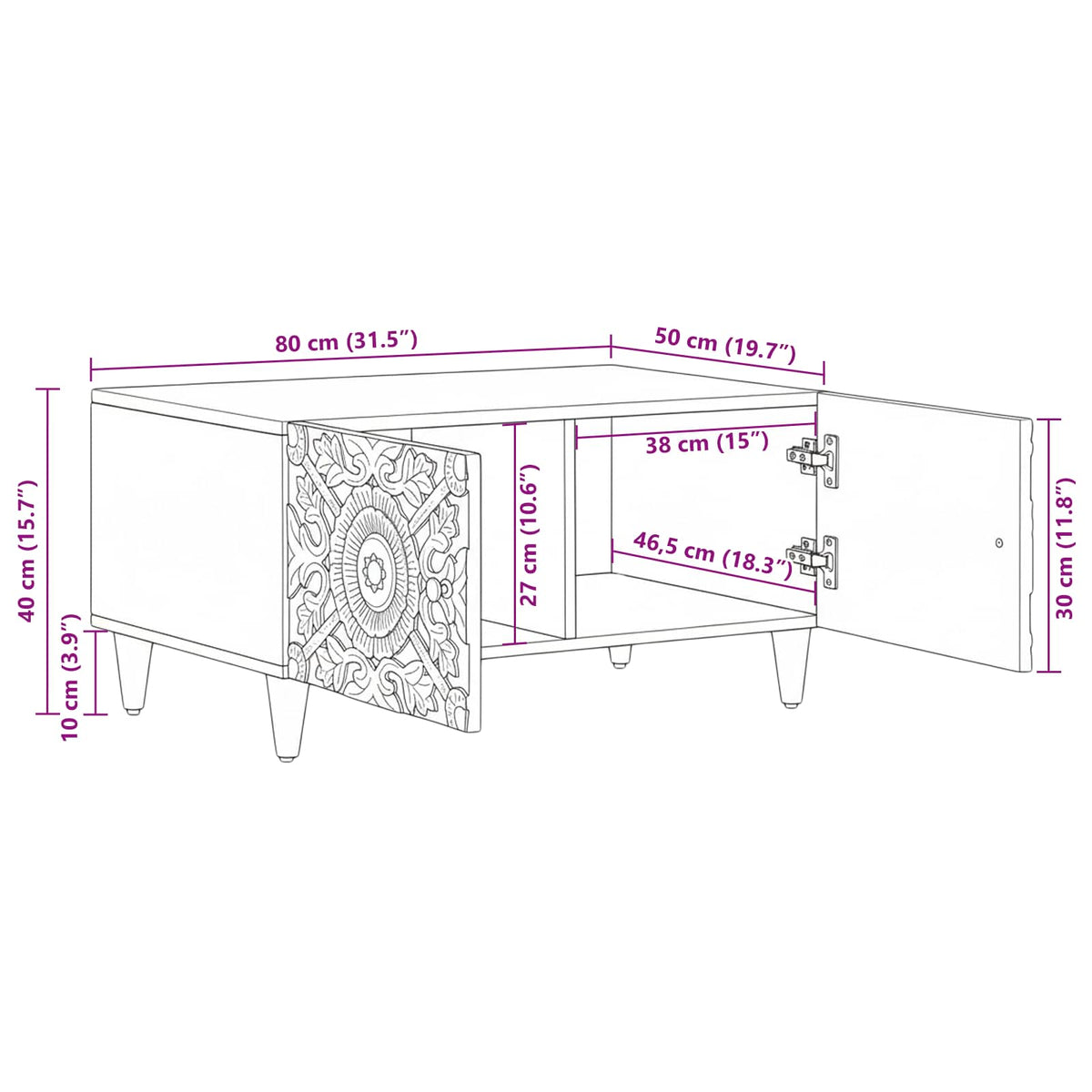 vidaXL Salontafel Wit 80 x 50 x 40 cm Massief Mango Hout