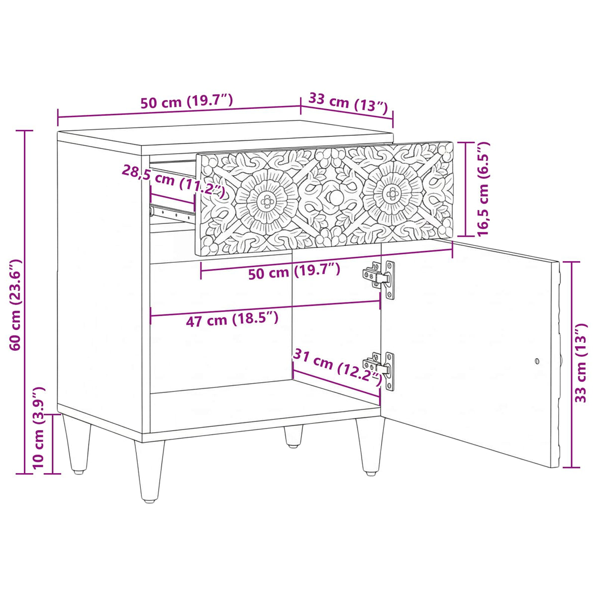 vidaXL Bed kast met lade Wit 50 x 33 x 60 cm Massief Mango Hout