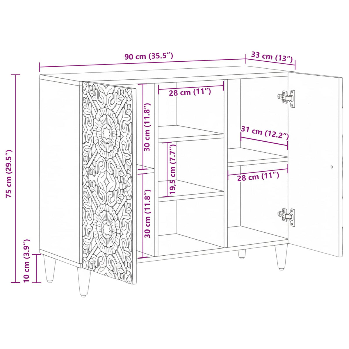 vidaXL Dressoir met plank Wit 90 x 33,5 x 75 cm Massief Mango Hout