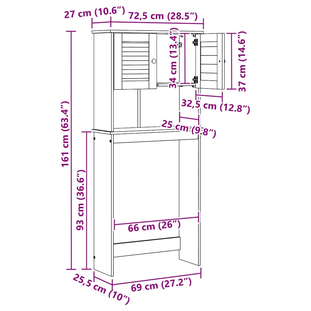 vidaXL Wasmachinekast met plank Honingbruin 72,5 x 27 x 161 cm