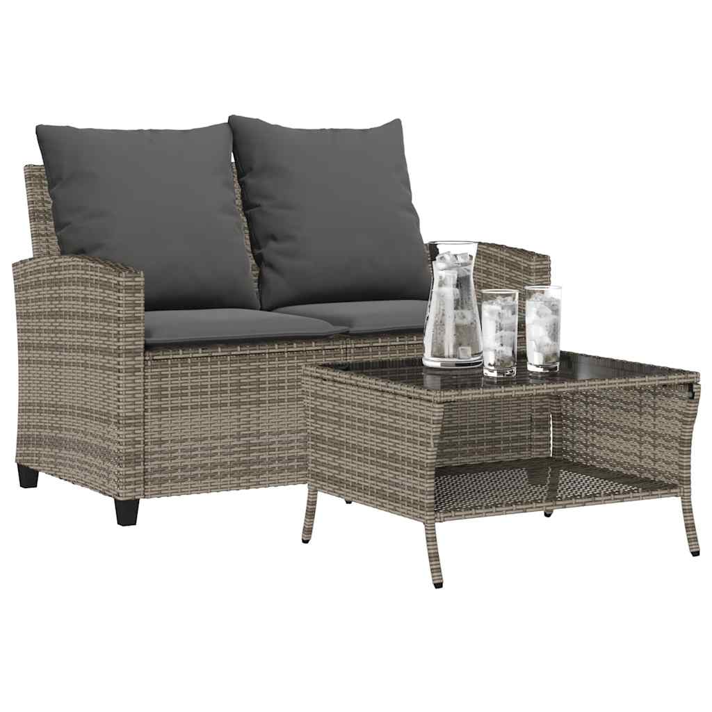 vidaXL Tuinbank 2-zits met kussens & tafel poly rattan grijs - Aashly