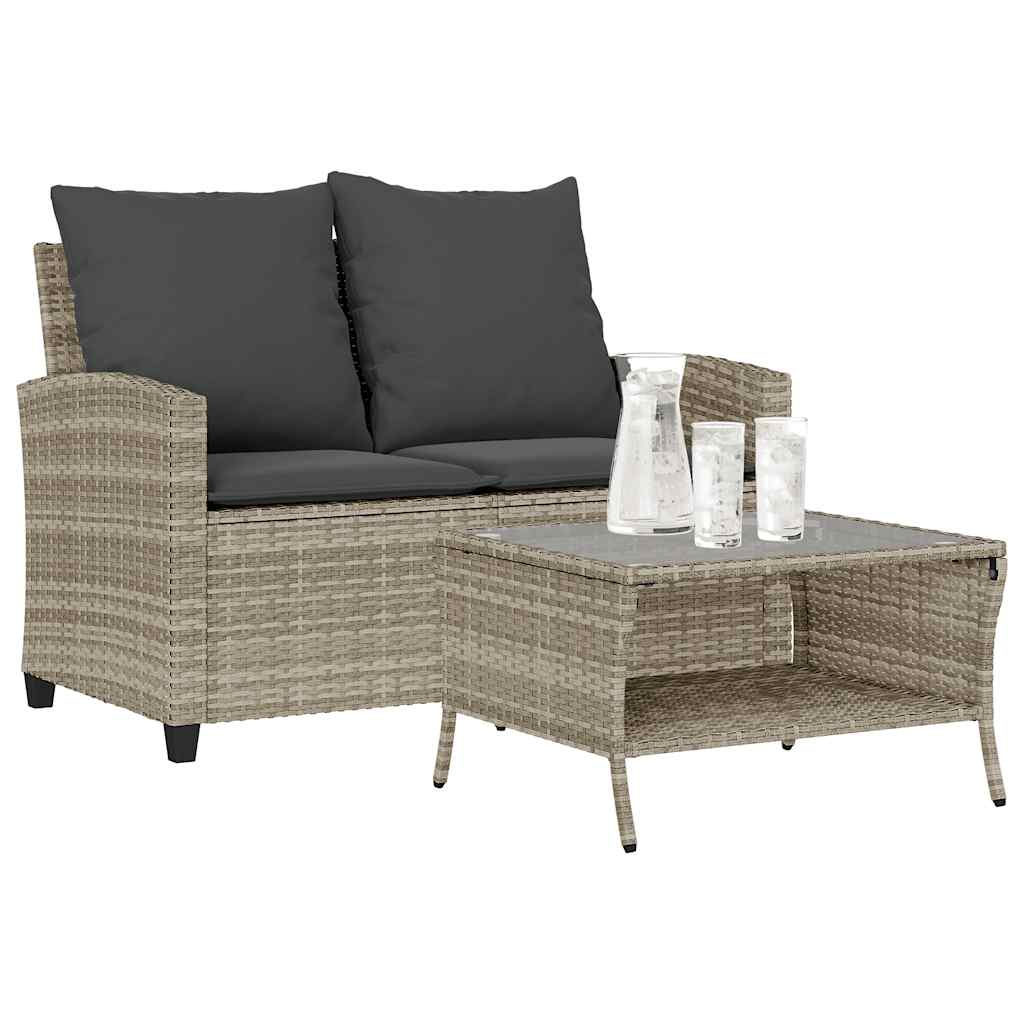 vidaXL Tuinbank 2-zits met kussens & tafel poly rattan grijs - Aashly