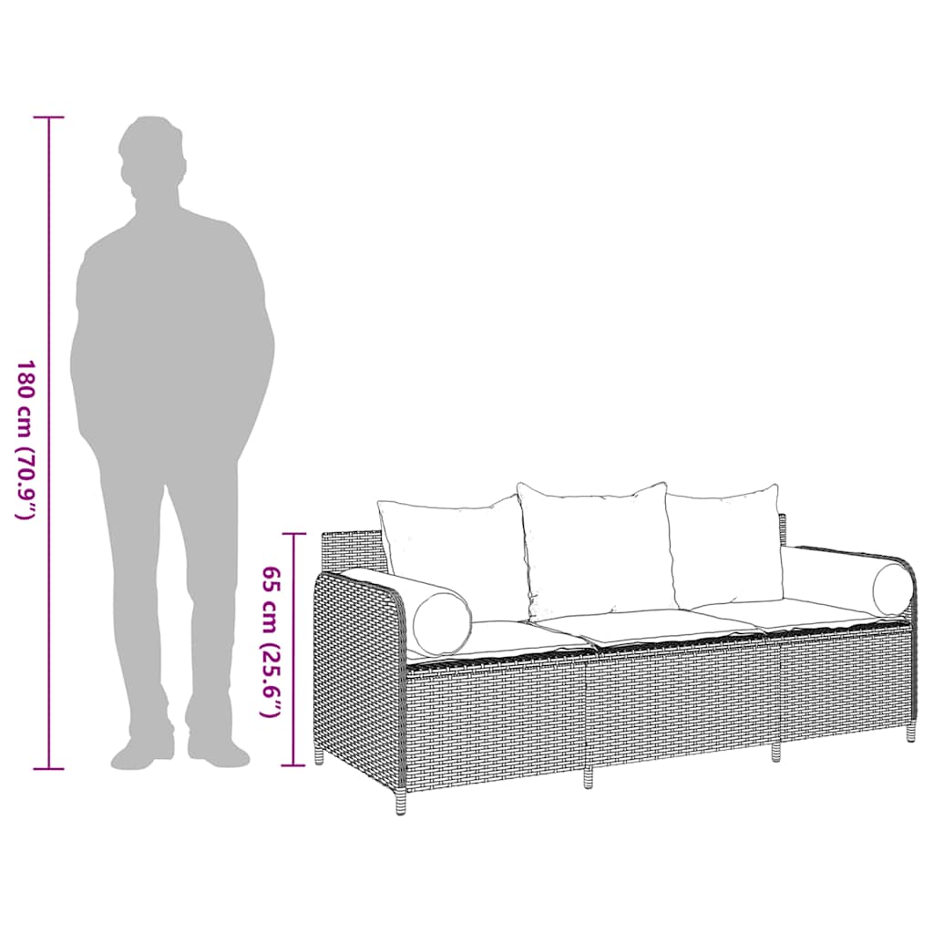 vidaXL Tuinbank 3-zits met kussens poly rattan grijs - Aashly