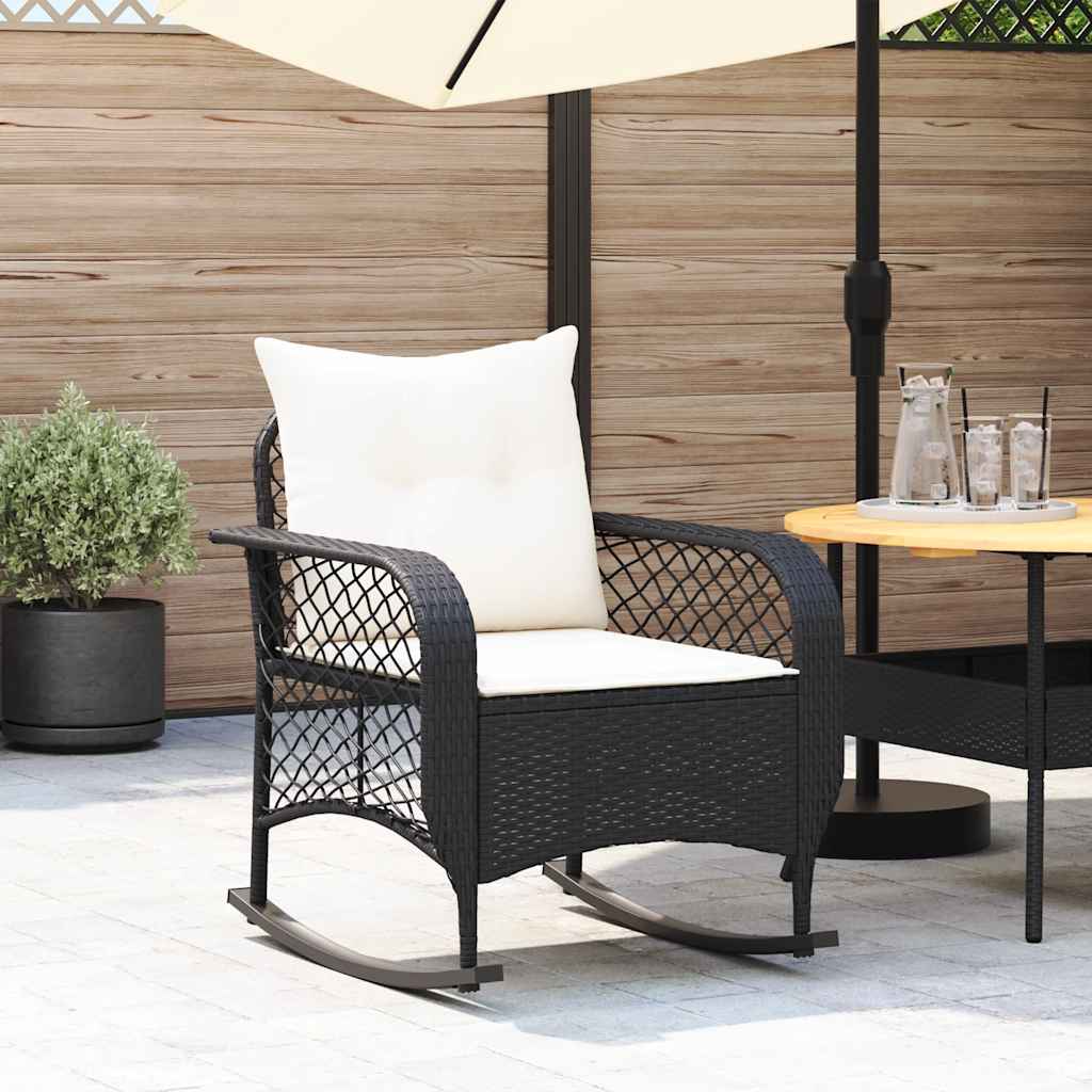 vidaXL Tuinschommelstoel met kussens poly rattan zwart - Aashly