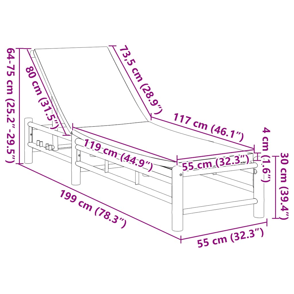 vidaXL Ligstoel met kussens 55x199x30 cm bamboe