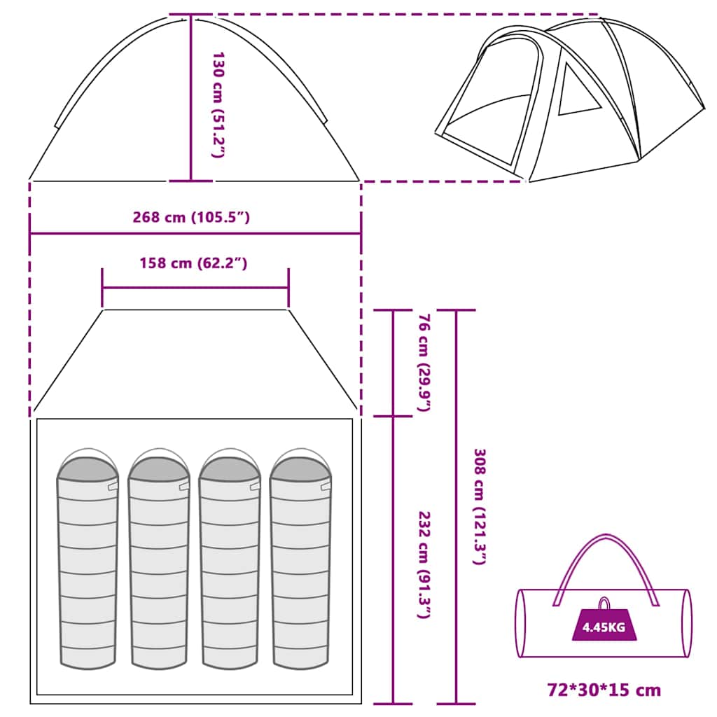 vidaXL Camping Tent met dak Groen 308 x 268 x 130 cm Polyester