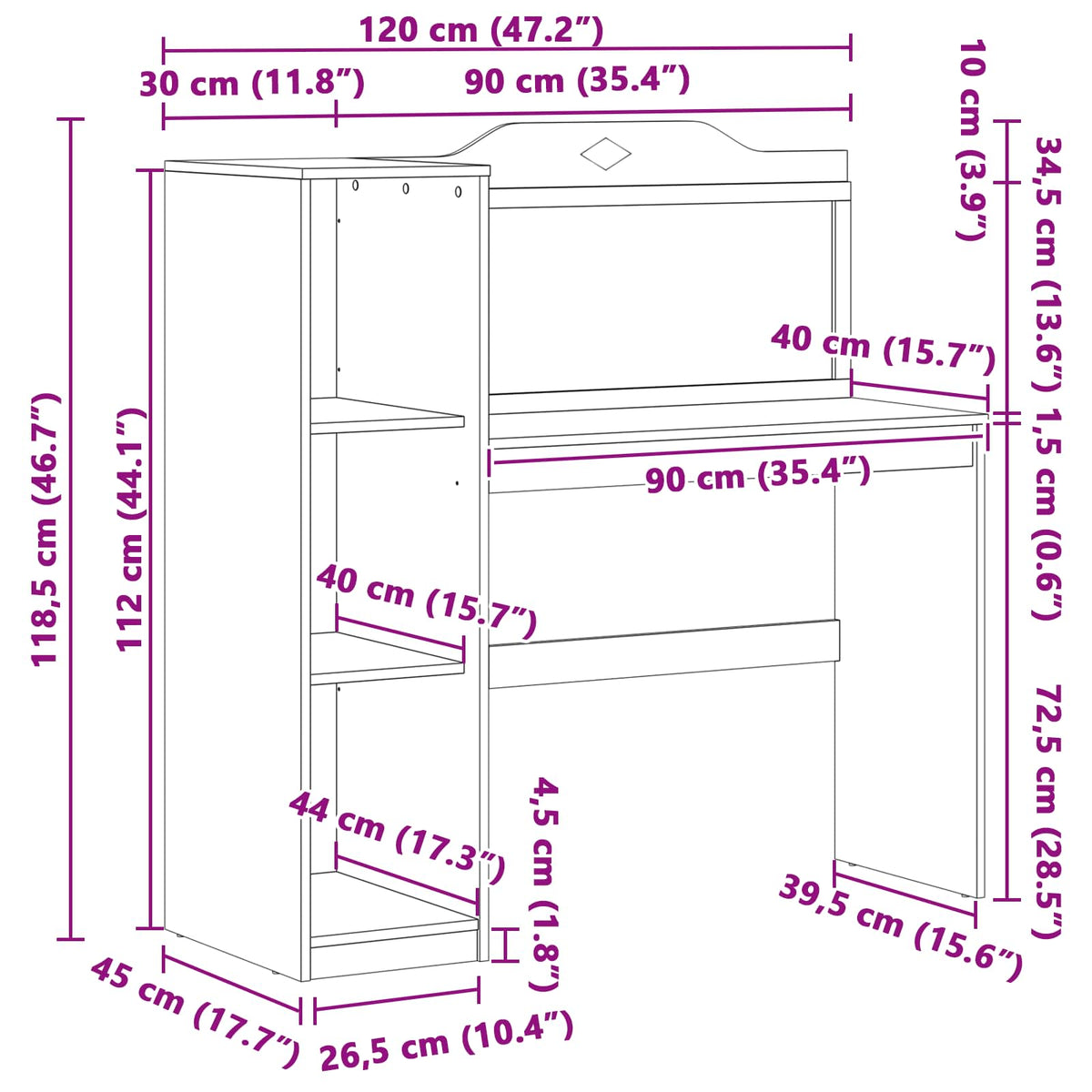 vidaXL Schoolbord bureau Wit 120 x 45 x 118.5 cm Bewerkt hout