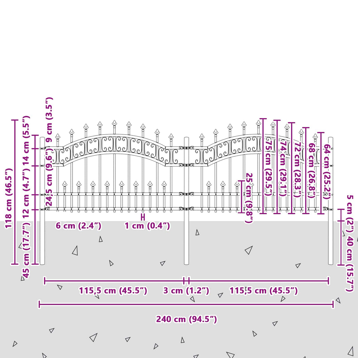 vidaXL Tuinhek met spijlpunten 222 cm gepoedercoat staal zwart