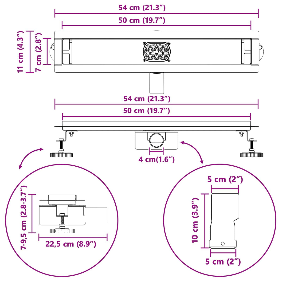 vidaXL Doucheafvoer Glasdeksel met 360° Sifon Zwart 50 cm