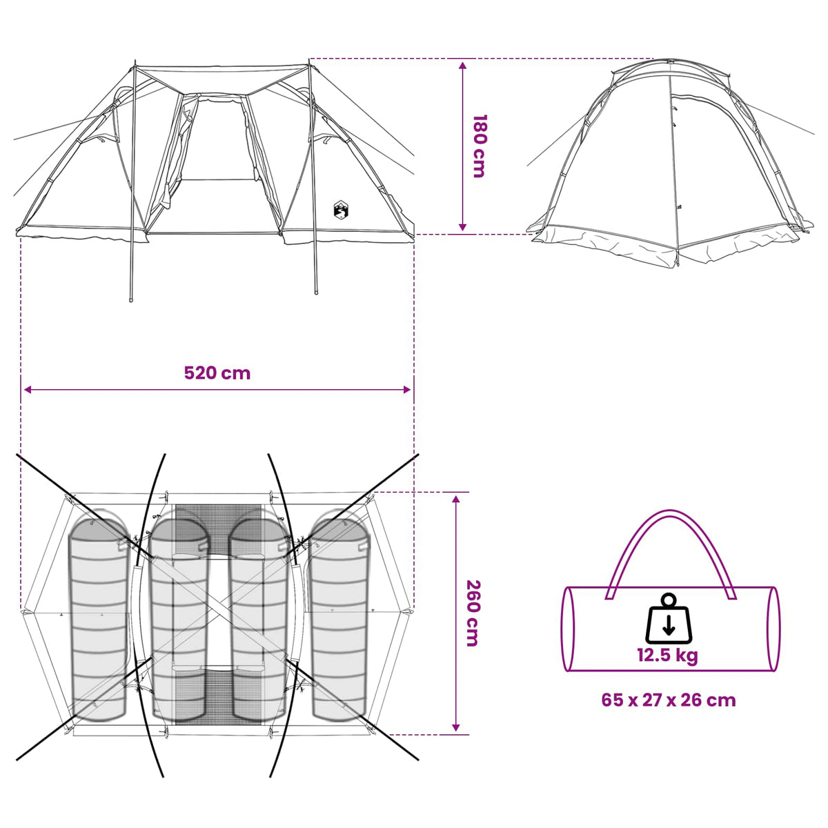 vidaXL Tunneltent Groen 520 x 260 x 175 cm