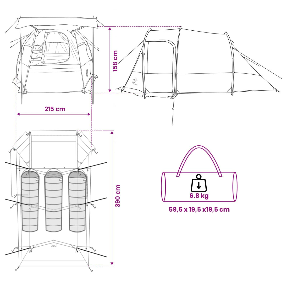 vidaXL Tunneltent Groen 390 x 215 x 152 cm