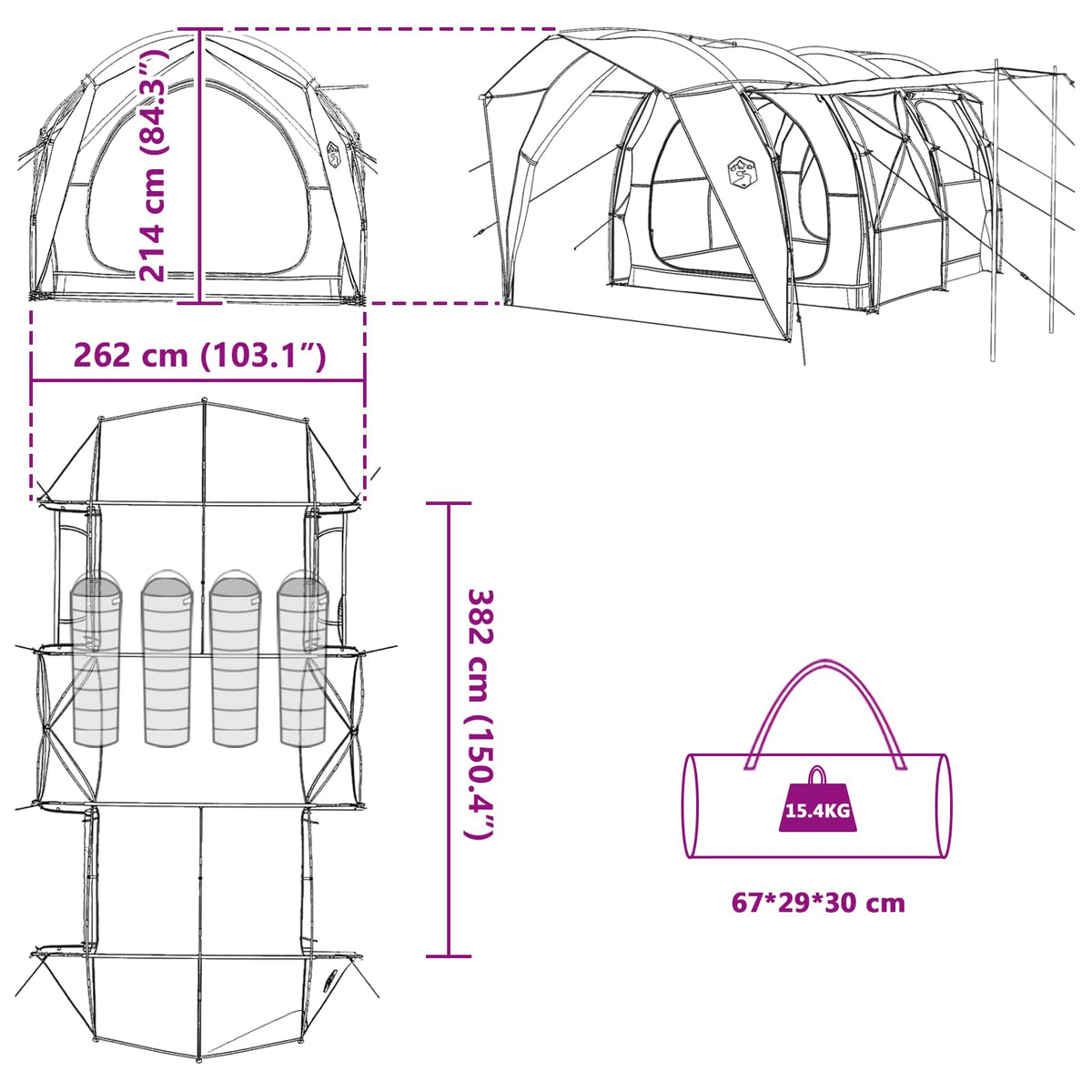 vidaXL Tunneltent Groen 382 x 262 x 214 cm