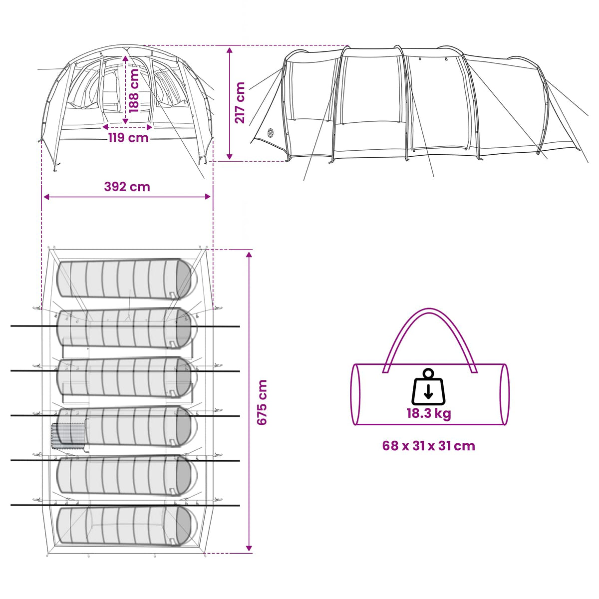 vidaXL Tunneltent Groen 675 x 392 x 210 cm