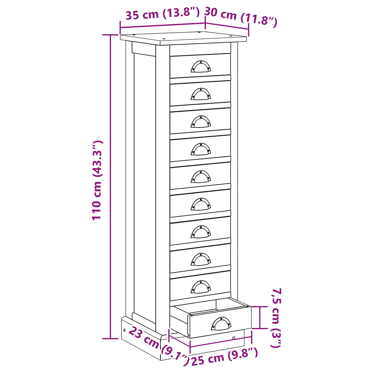 vidaXL Ladekast met lade Bruin 35,5 x 29,5 x 60 cm Massief Teakhout