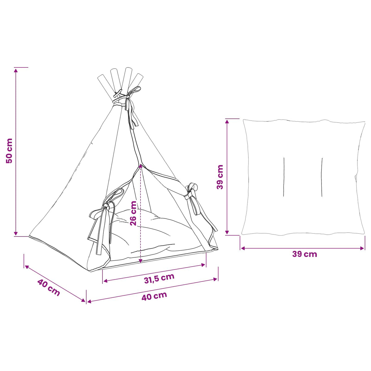 vidaXL Dieren teepee met kussen Wit 40 x 40 x 50 cm Polyester