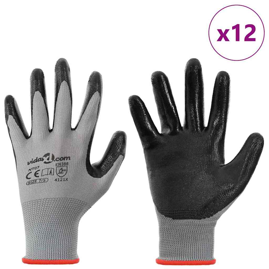 vidaXL Werkhandschoenen 12 pcs Grijs en zwart 7 / S Polyester