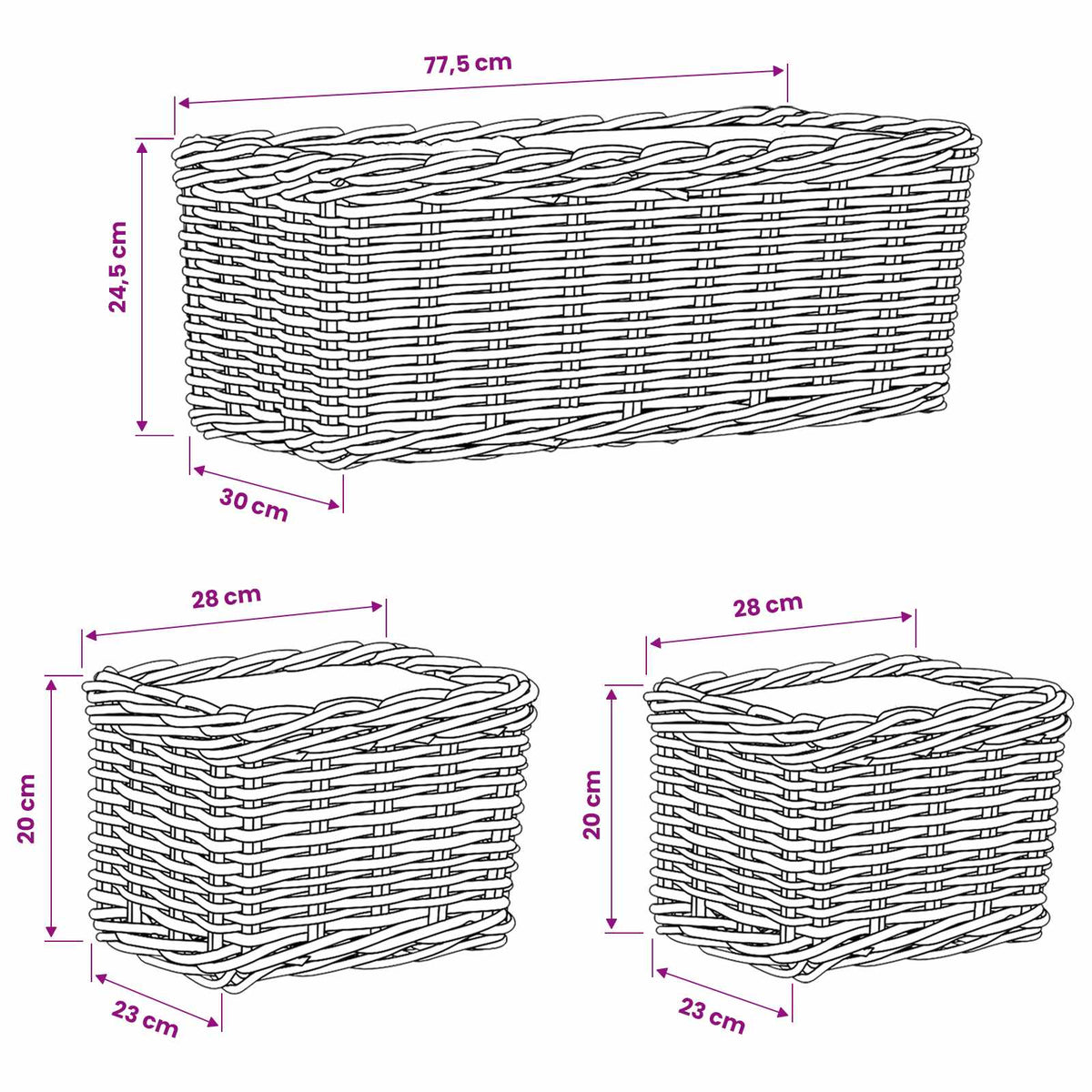 vidaXL Plantenmand met opslag 3 pcs Grijs Kubu Rattan
