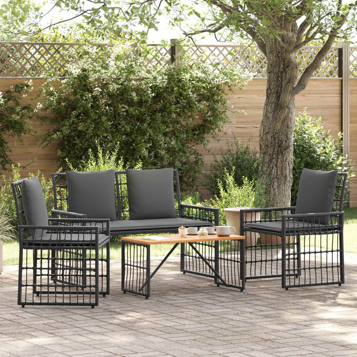 vidaXL Buitenmeubelset 4 pcs Zwart en Donkergrijs Staal en Poly Rattan