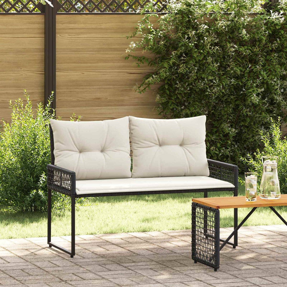 vidaXL Tuinbank Zwart en Cream Wit 118 x 55 x 82 cm PE rattan en stof
