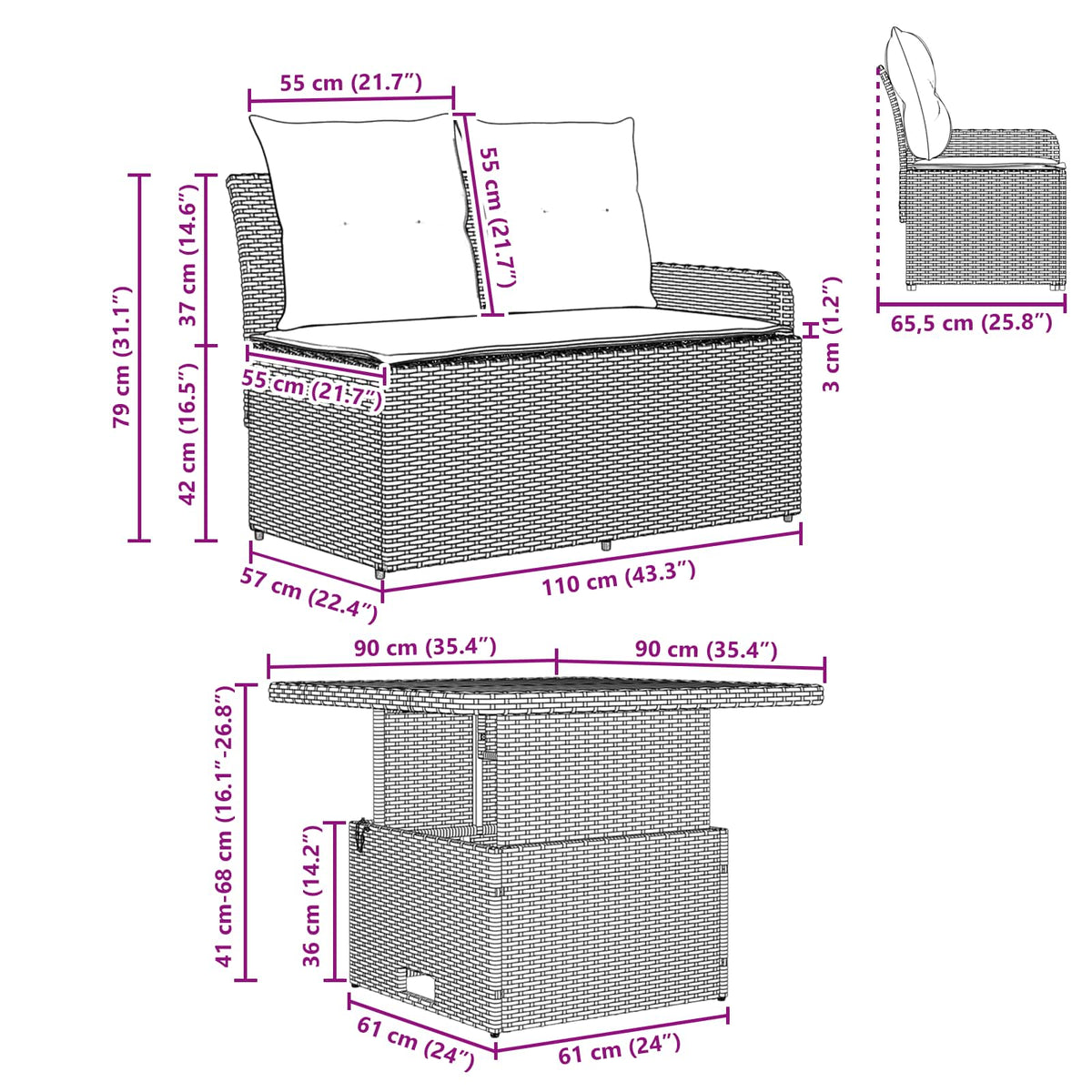 vidaXL Tuin Armsteun Sofa met Opklaptafel 2 Stuk Zwart PE Rattan