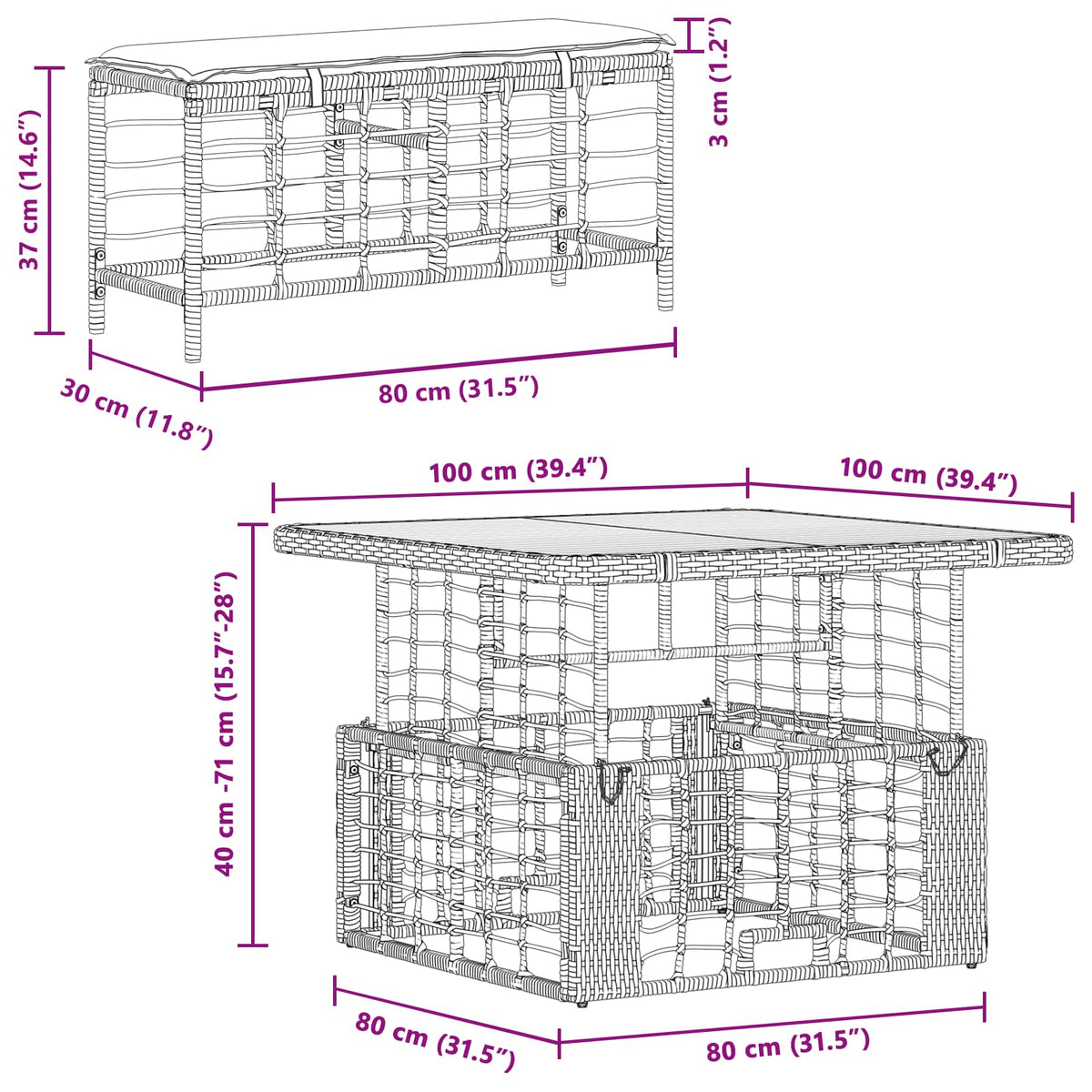 vidaXL Tuin eettafelset 3 pcs Zwart en Grijs Poly Riet en Acaciahout
