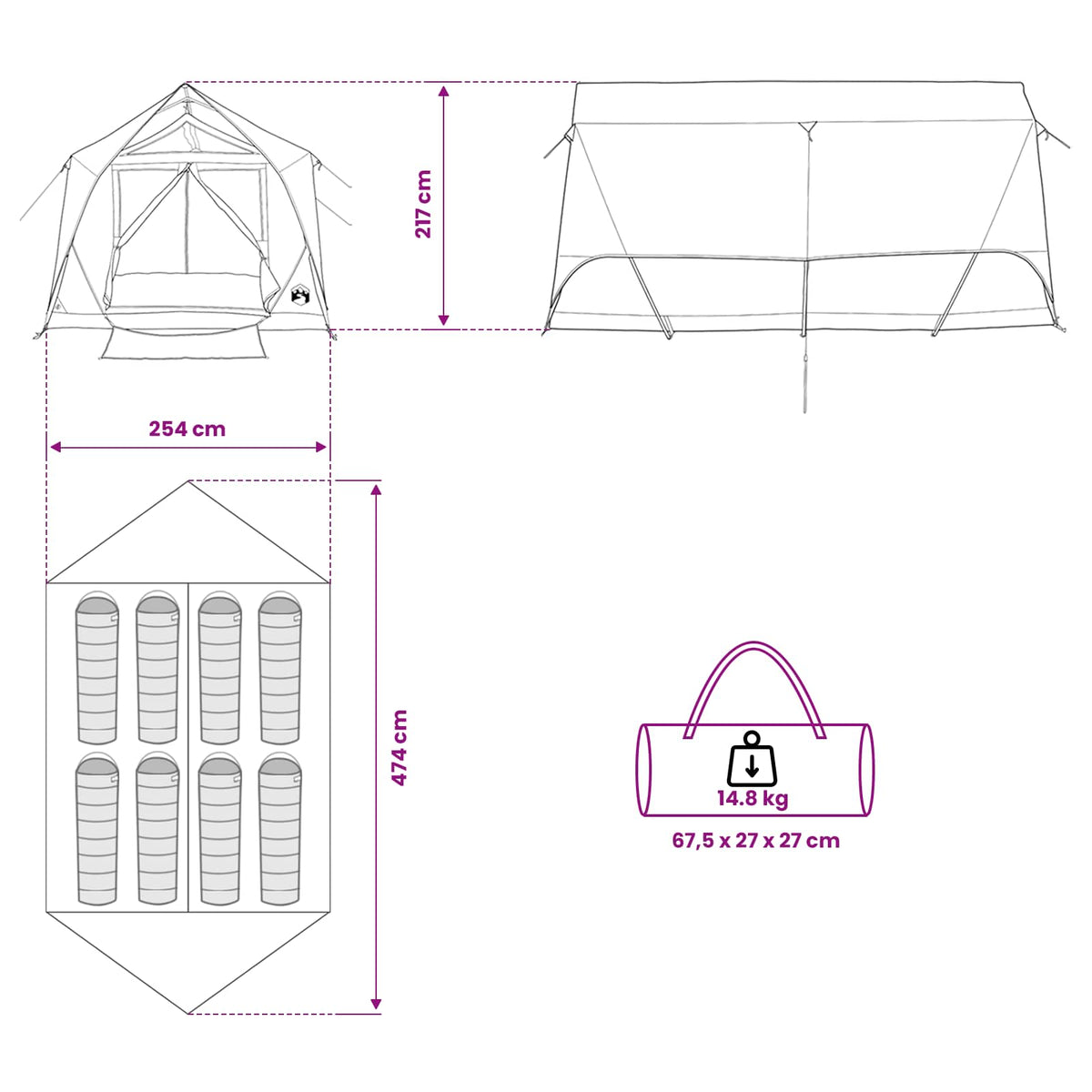 vidaXL Tunneltent met dak Groen 8-persoons Polyester en staal