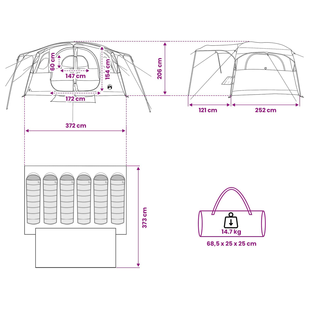 vidaXL Tunneltent met dak Groen 366 x 244 x 198 cm Polyester en staal