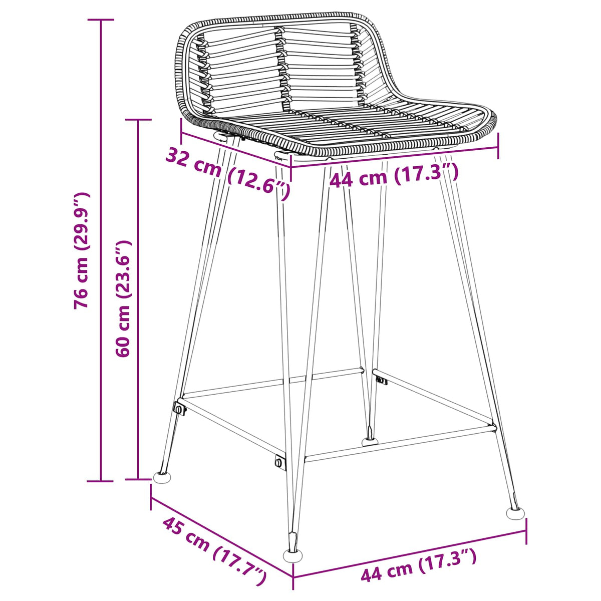 vidaXL Barkruk 2 pcs Naturel 44 x 45 x 76 cm Rattan en staal