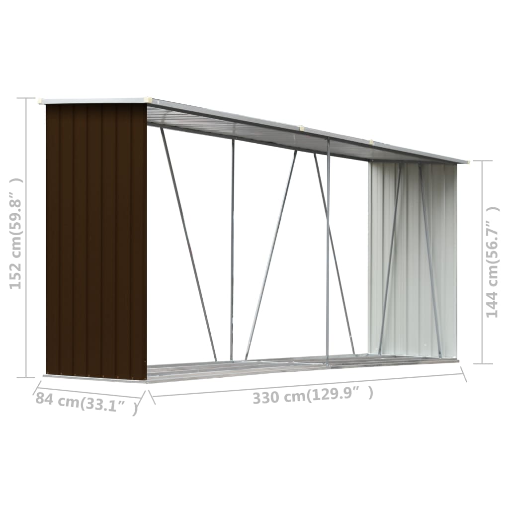 vidaXL Haardhoutschuur 330x84x152 cm gegalvaniseerd staal bruin - Aashly