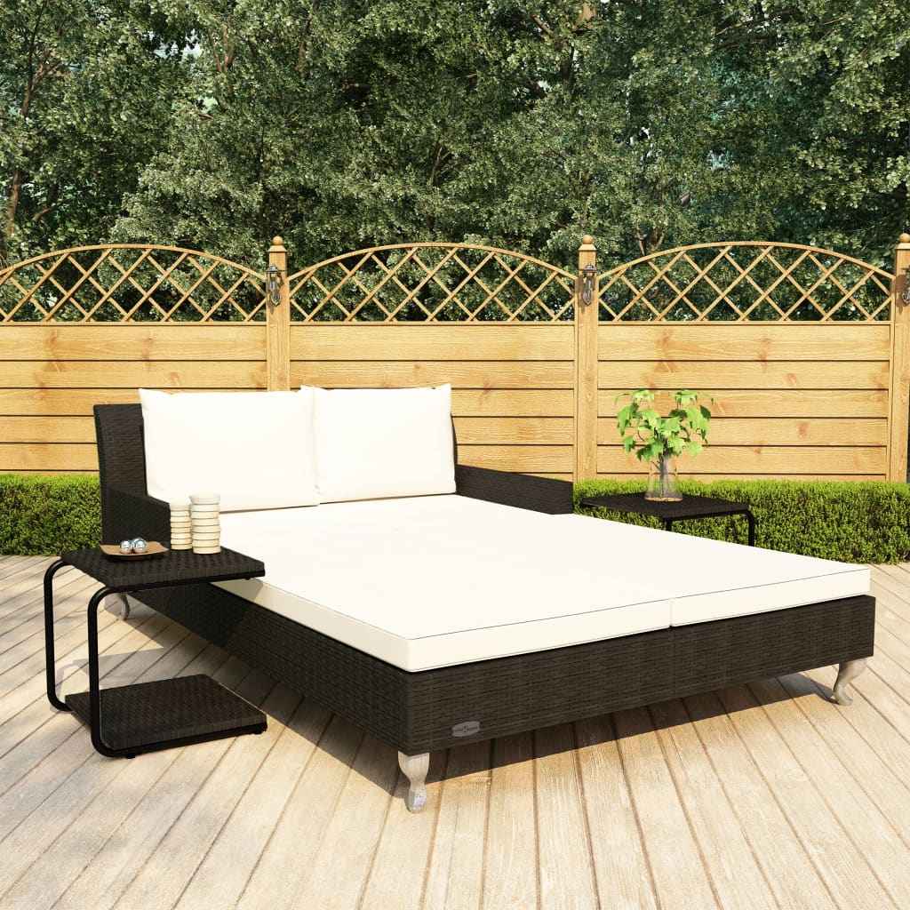 vidaXL Ligbed met kussens 2-persoons poly rattan zwart