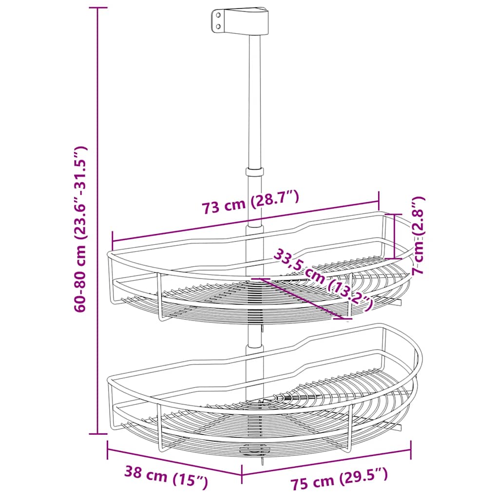 vidaXL Draadmand keuken 2-laags 180 graden 75x38x80 cm zilverkleurig - Aashly